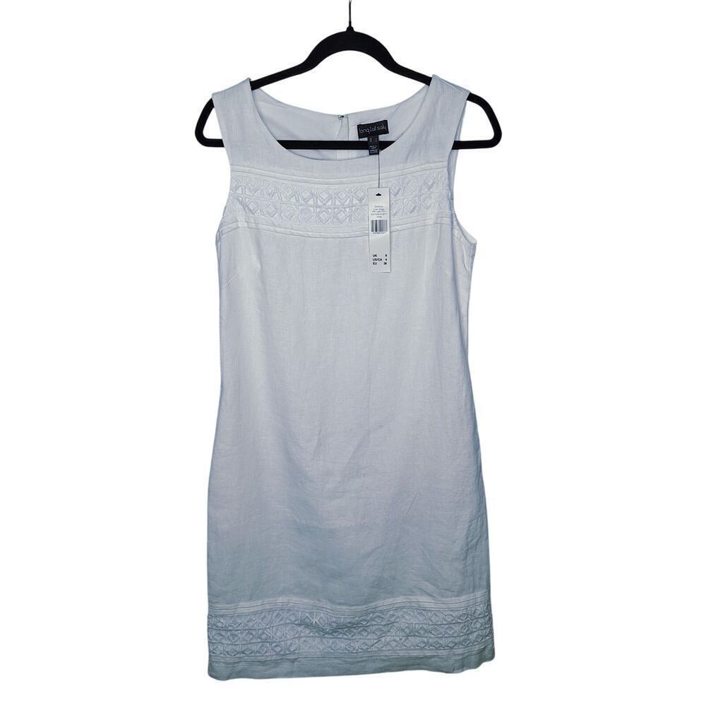 LTS Long Tall Sally 100% Linen Shift Dress Lace Trim 4 Tall Sleeveless White